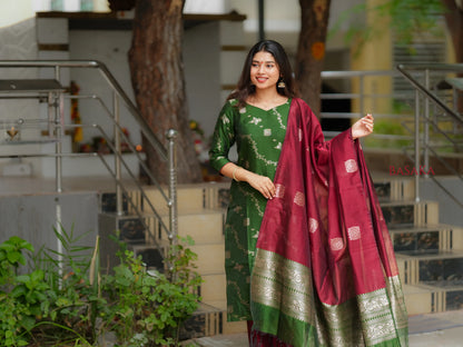 Emerald Green n Rich Maroon Kora Silk Suit Set (3 Pcs.) with Lining