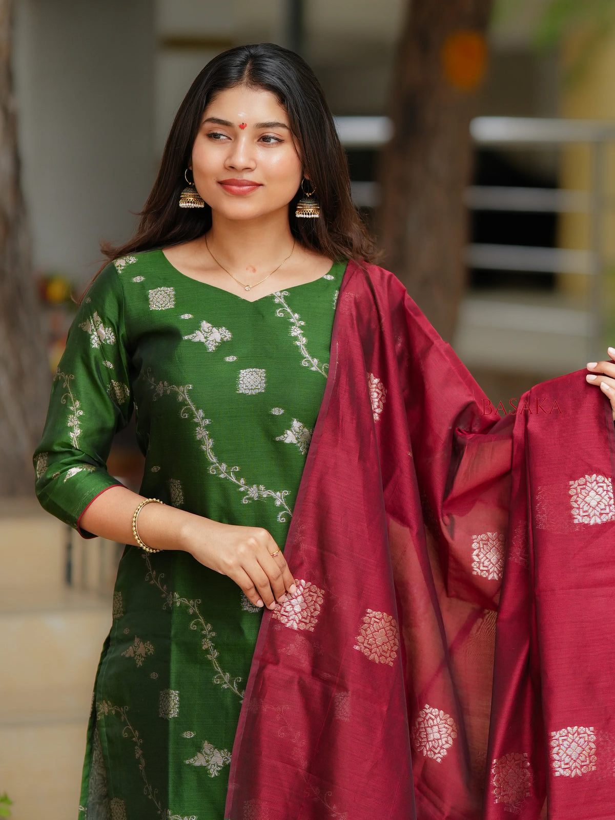 Emerald Green n Rich Maroon Kora Silk Suit Set (3 Pcs.) with Lining