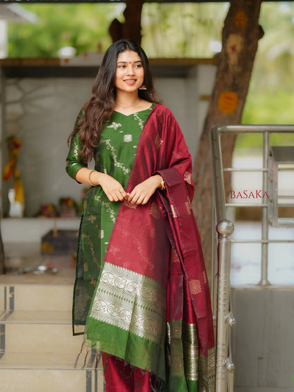 Emerald Green n Rich Maroon Kora Silk Suit Set (3 Pcs.) with Lining