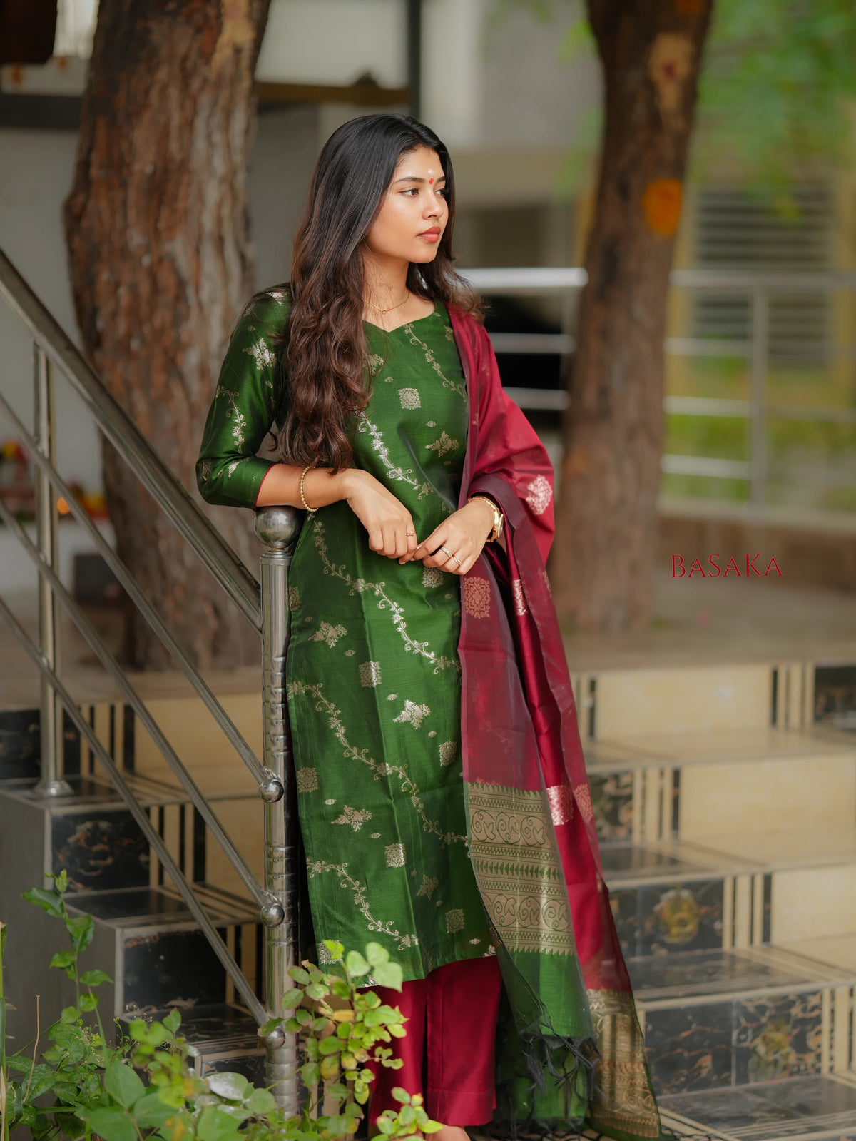 Emerald Green n Rich Maroon Kora Silk Suit Set (3 Pcs.) with Lining