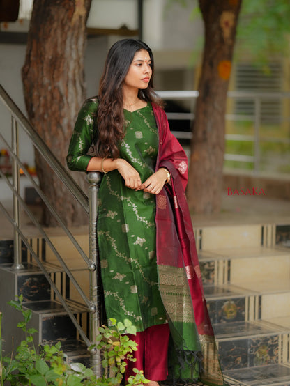 Emerald Green n Rich Maroon Kora Silk Suit Set (3 Pcs.) with Lining