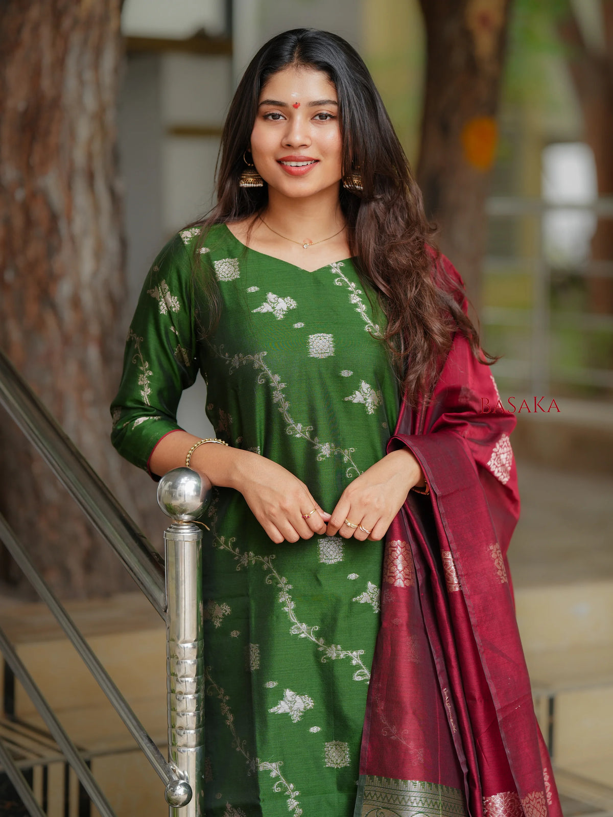 Emerald Green n Rich Maroon Kora Silk Suit Set (3 Pcs.) with Lining
