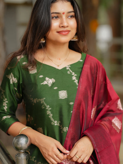 Emerald Green n Rich Maroon Kora Silk Suit Set (3 Pcs.) with Lining