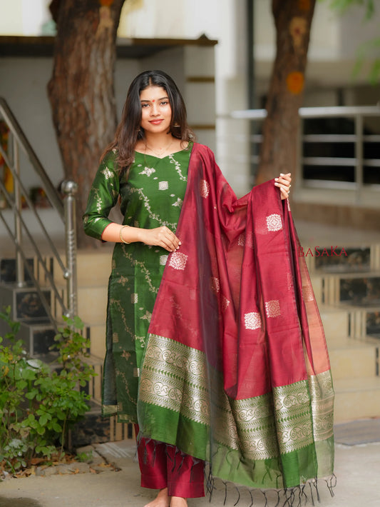 Emerald Green n Rich Maroon Kora Silk Suit Set (3 Pcs.) with Lining