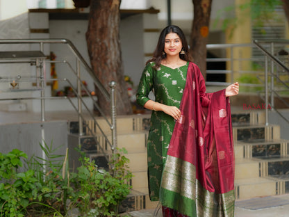 Emerald Green n Rich Maroon Kora Silk Suit Set (3 Pcs.) with Lining