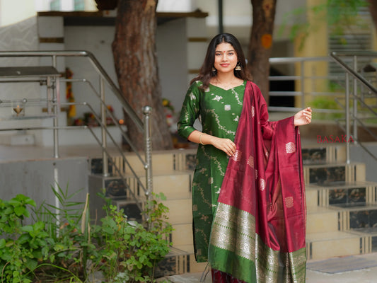 Emerald Green n Rich Maroon Kora Silk Suit Set (3 Pcs.) with Lining