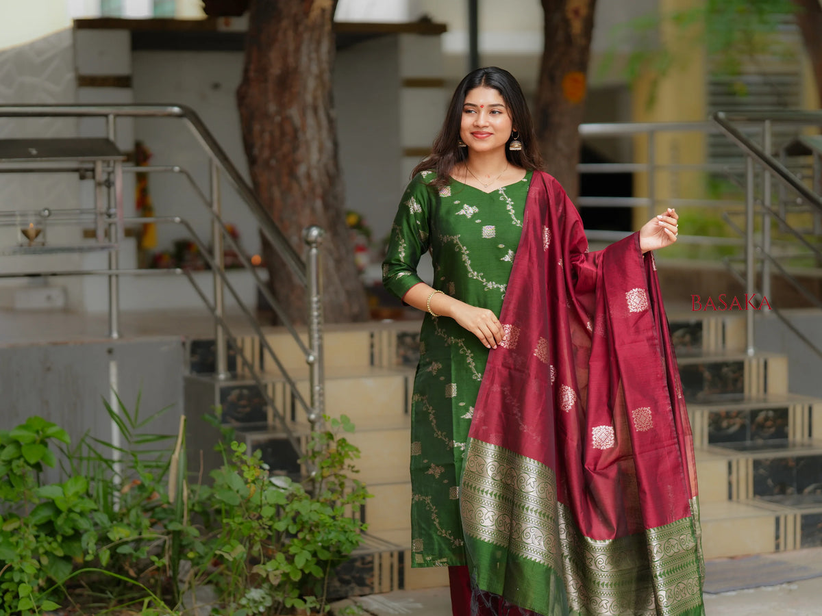 Emerald Green n Rich Maroon Kora Silk Suit Set (3 Pcs.) with Lining