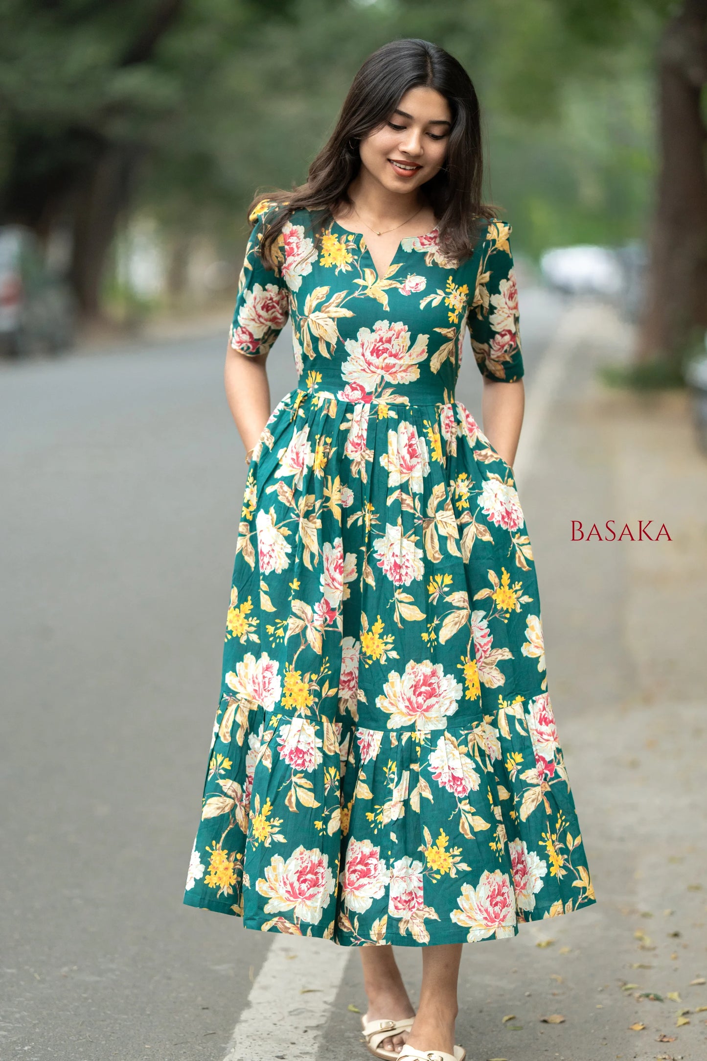 Emerald Carnation Bloom COTTON Tiered Dress_2