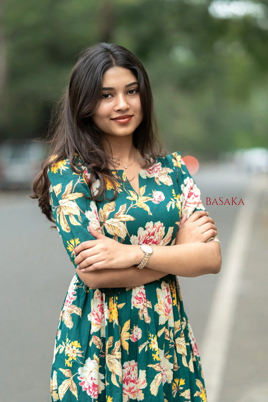 Emerald Carnation Bloom COTTON Tiered Dress_2