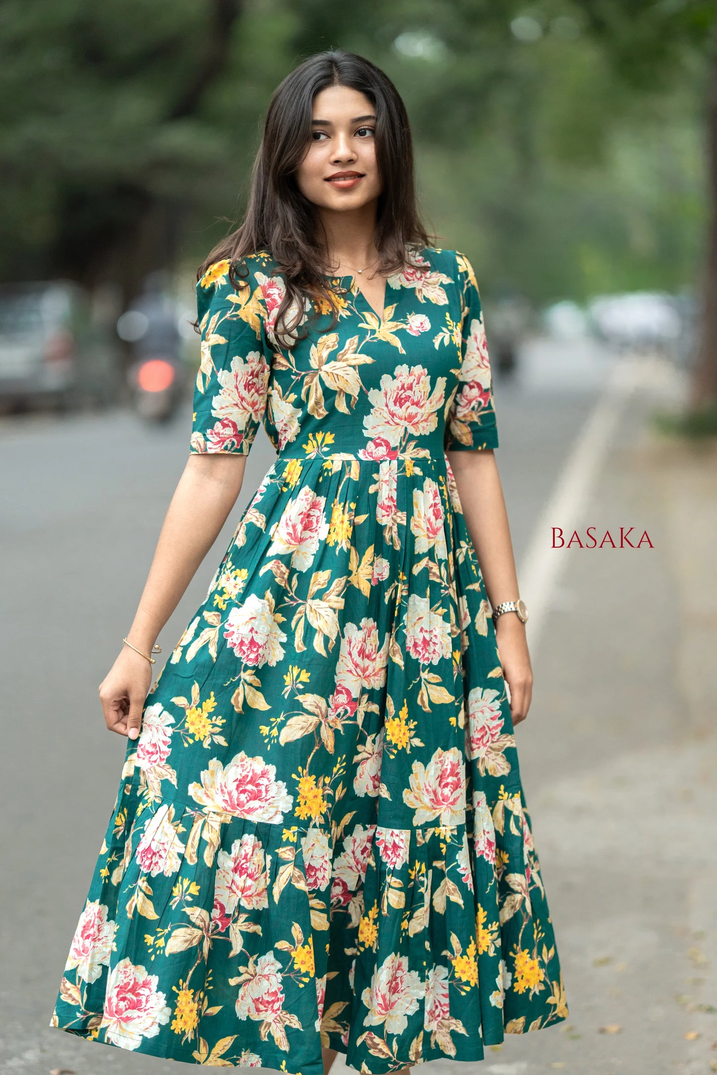 Emerald Carnation Bloom COTTON Tiered Dress_2