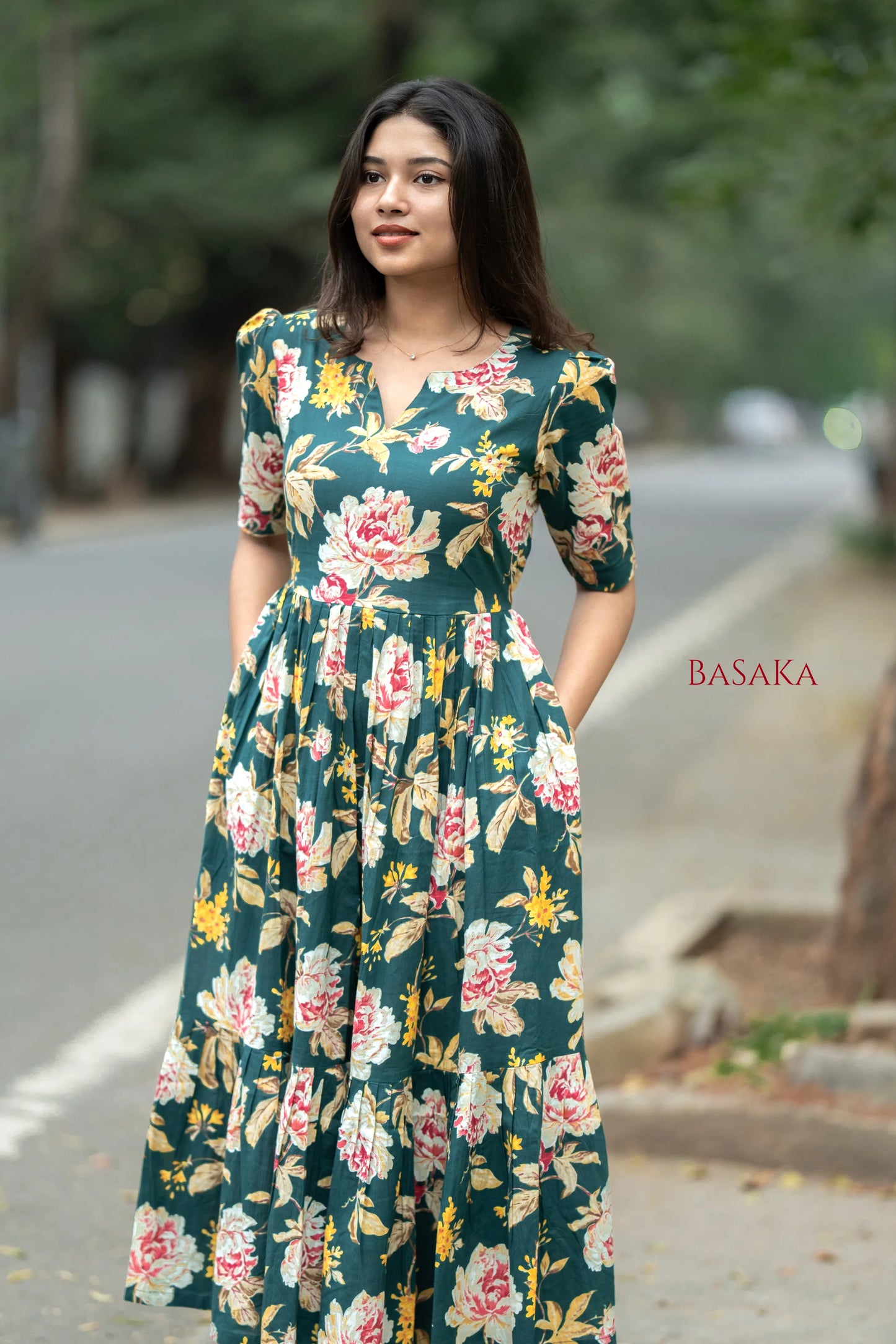 Emerald Carnation Bloom COTTON Tiered Dress_2