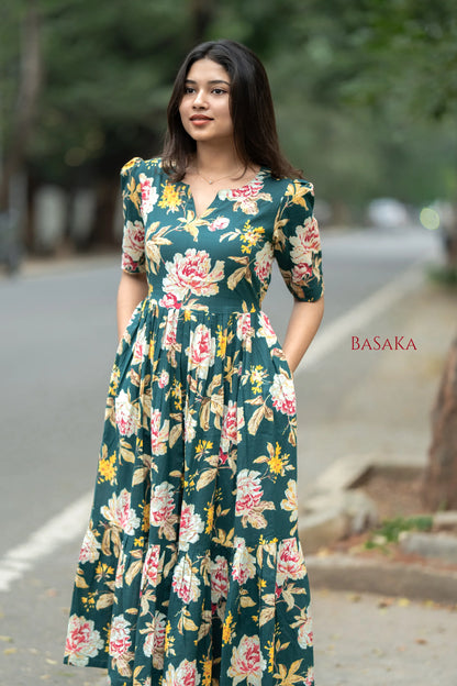 Emerald Carnation Bloom COTTON Tiered Dress_2