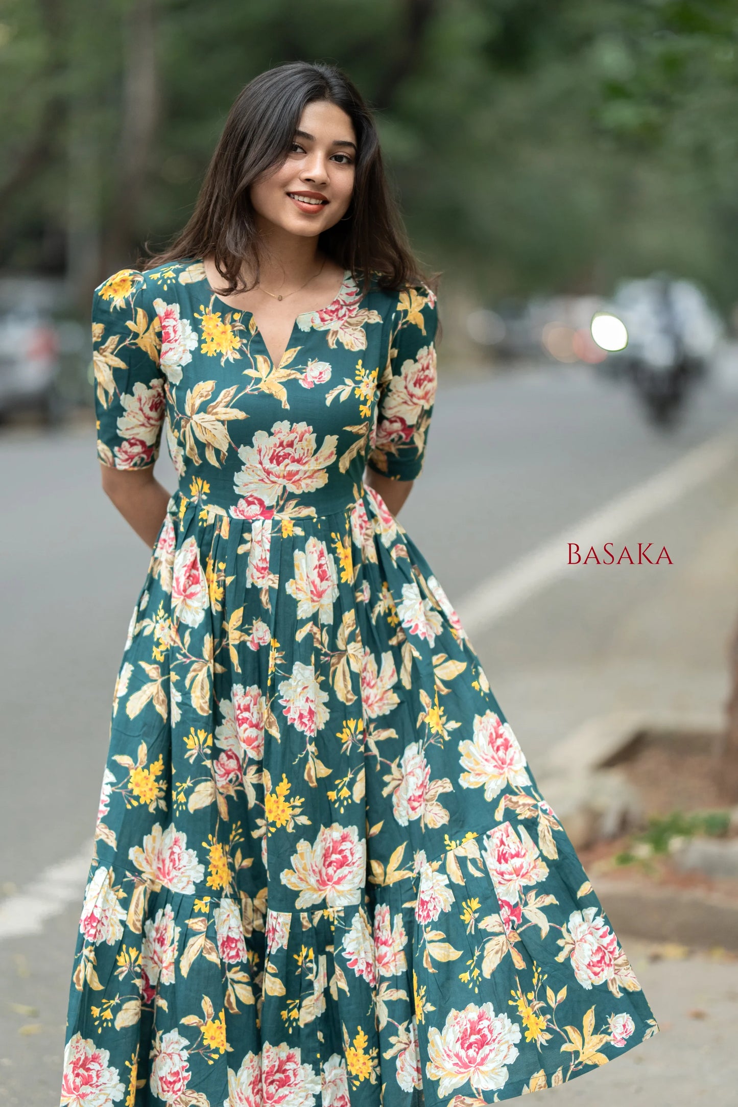 Emerald Carnation Bloom COTTON Tiered Dress_2
