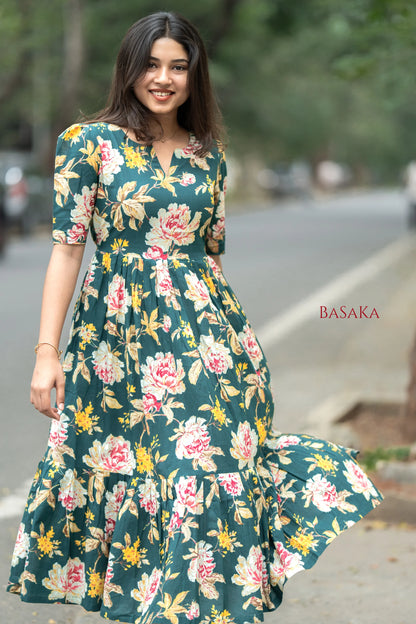 Emerald Carnation Bloom COTTON Tiered Dress_2