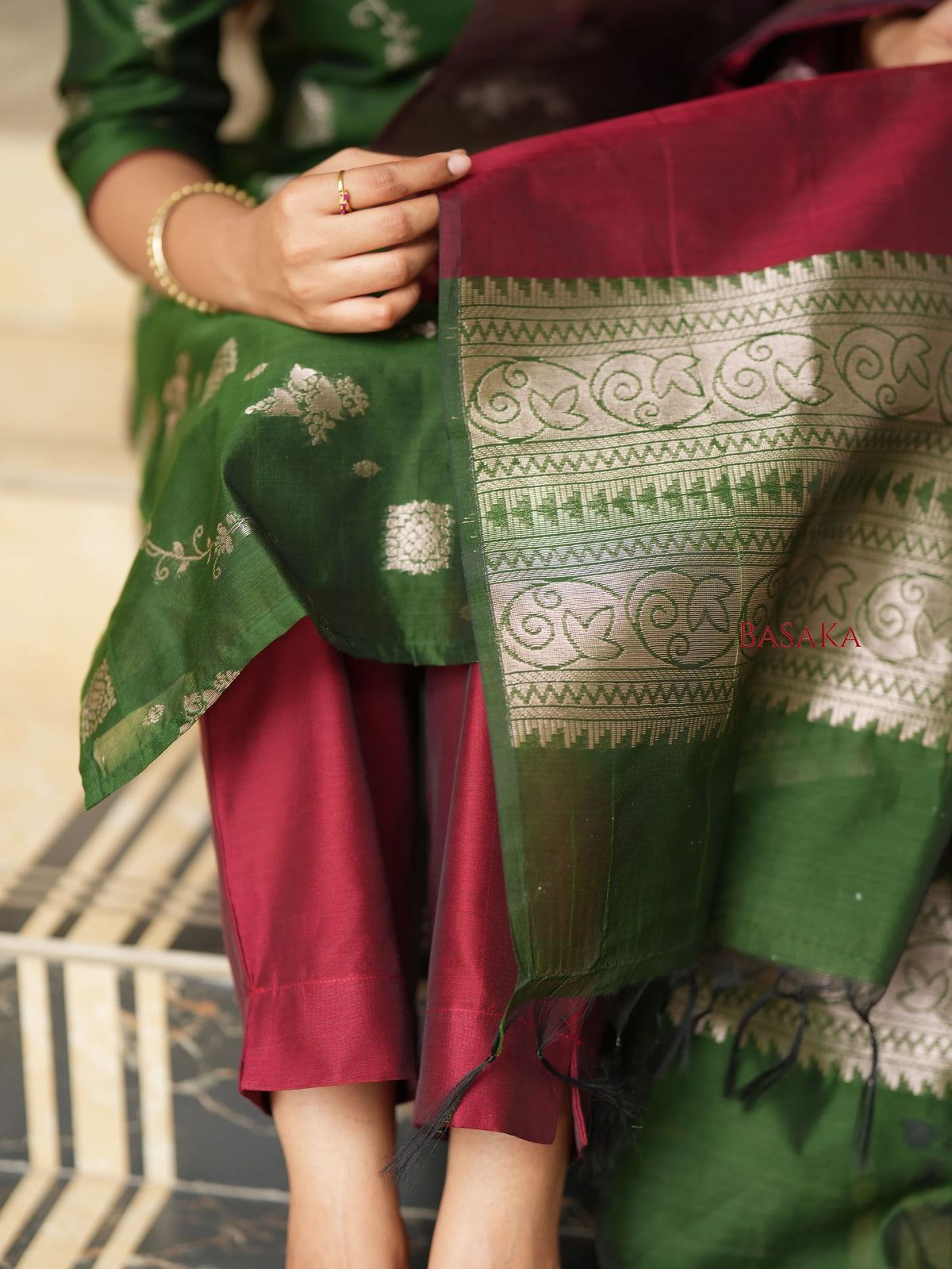 Emerald Green n Rich Maroon Kora Silk Suit Set (3 Pcs.) with Lining