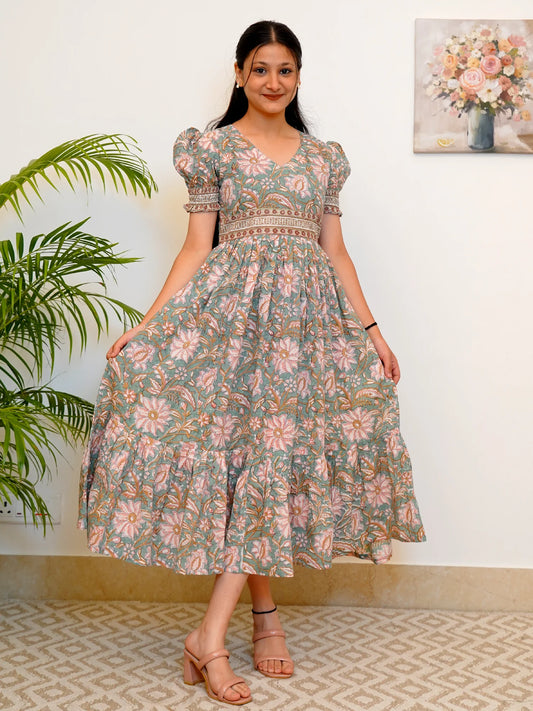 English Garden Block Printed COTTON Tiered Dress