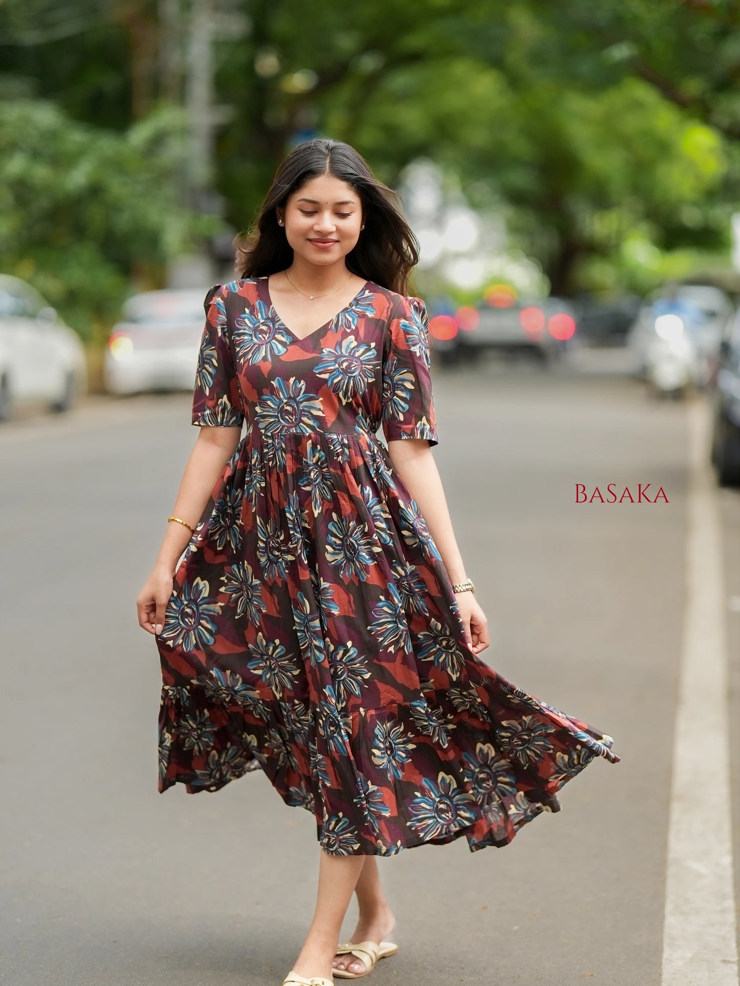 Forest Hues COTTON Tiered Dress