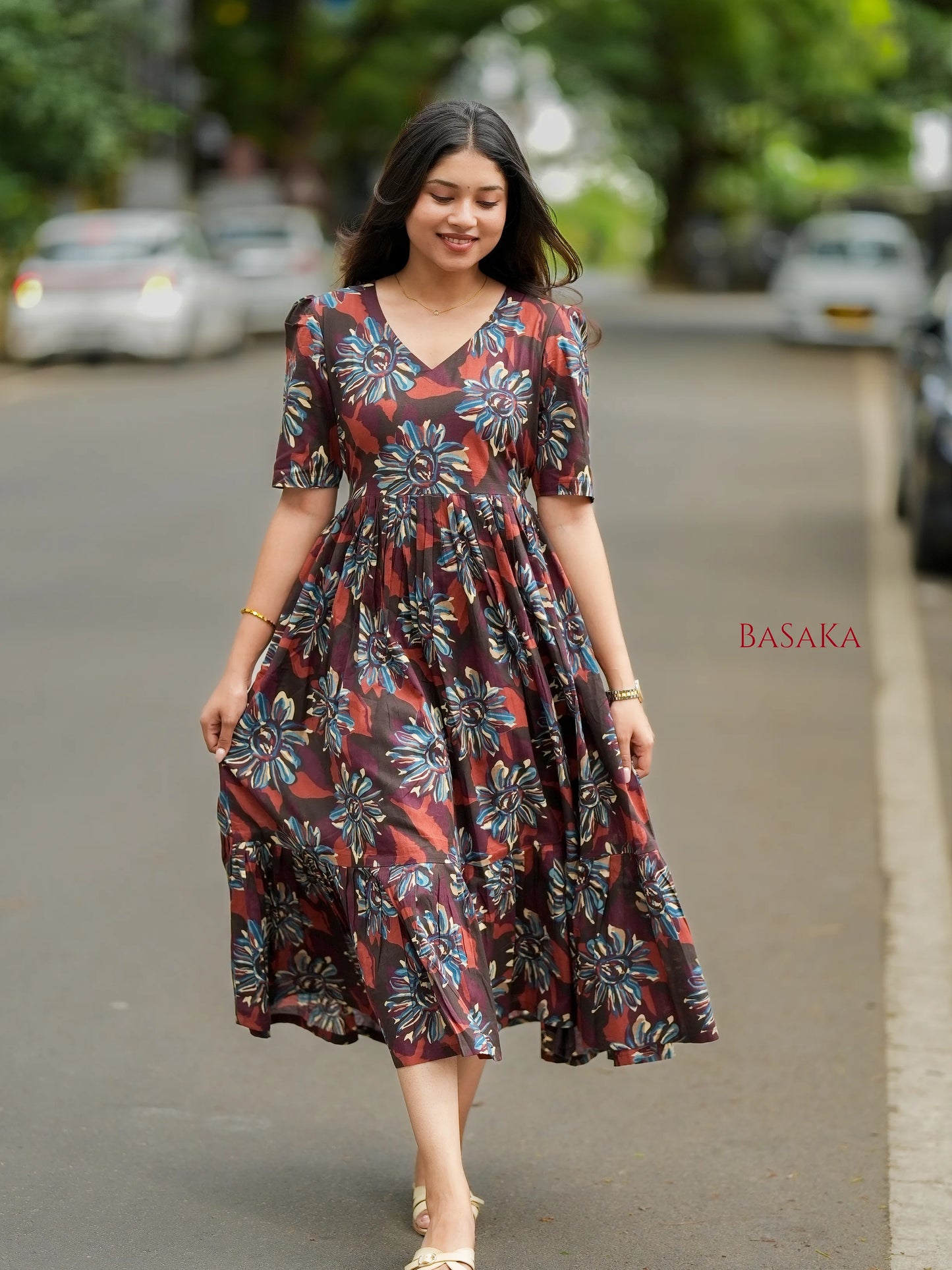 Forest Hues COTTON Tiered Dress
