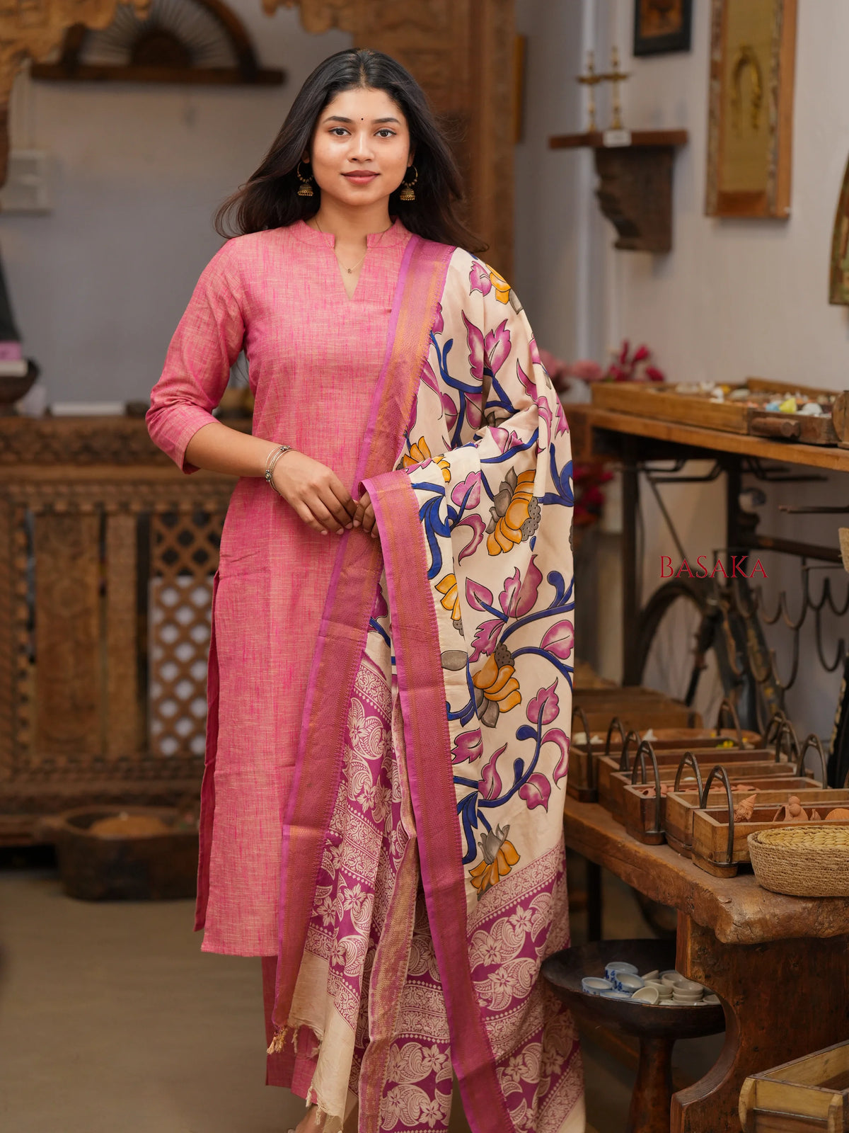French Pink South Cotton Handloom Suit Set with Kalamkari Duppata