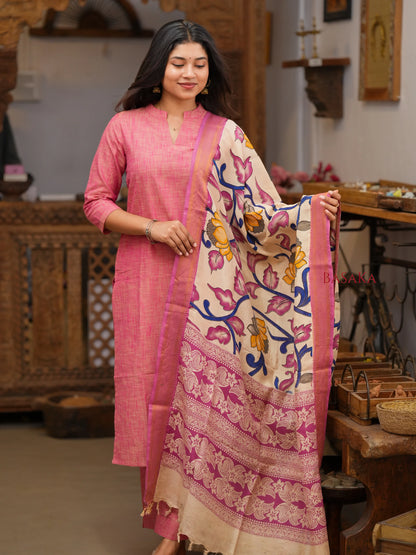 French Pink South Cotton Handloom Suit Set with Kalamkari Duppata