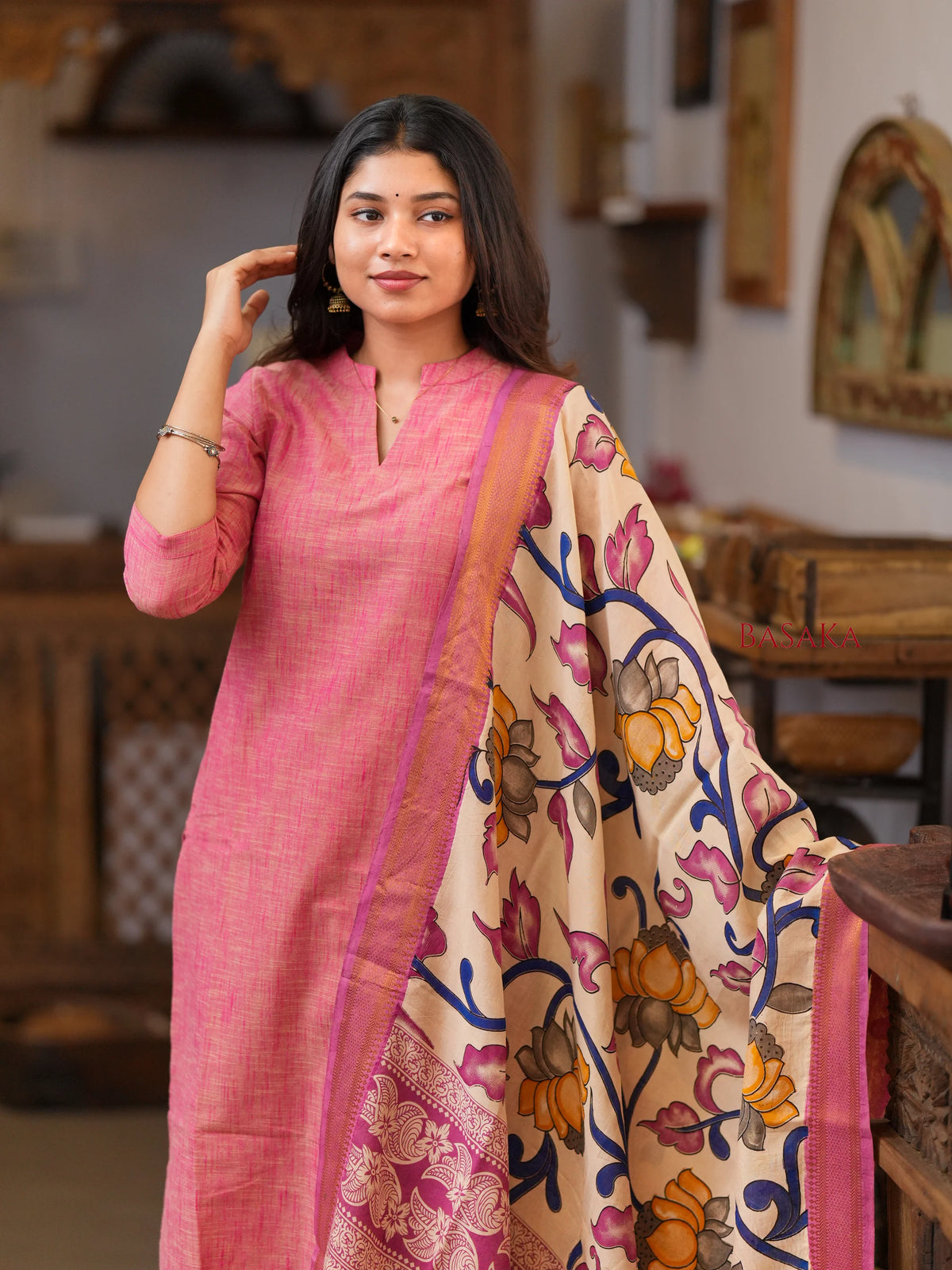 French Pink South Cotton Handloom Suit Set with Kalamkari Duppata