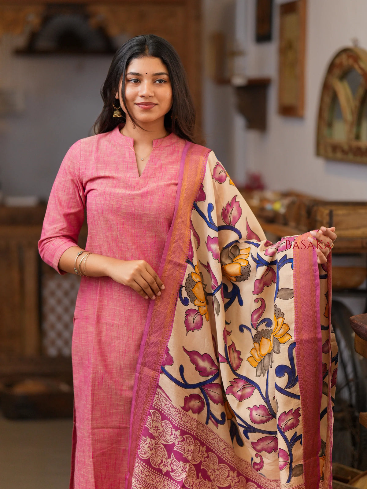French Pink South Cotton Handloom Suit Set with Kalamkari Duppata