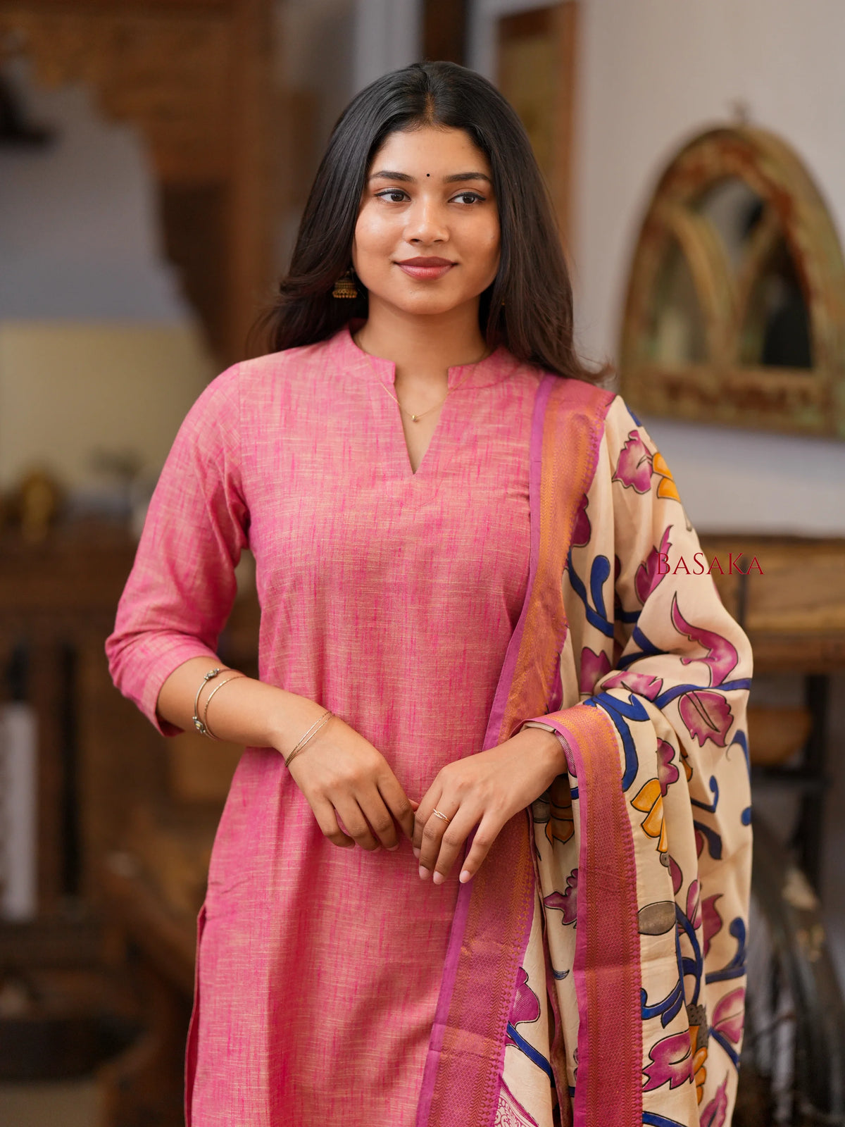 French Pink South Cotton Handloom Suit Set with Kalamkari Duppata