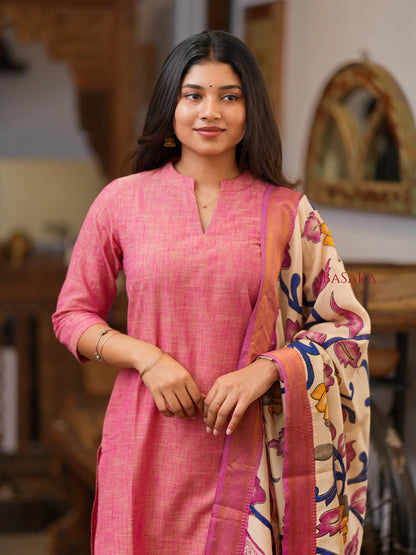 French Pink South Cotton Handloom Suit Set with Kalamkari Duppata