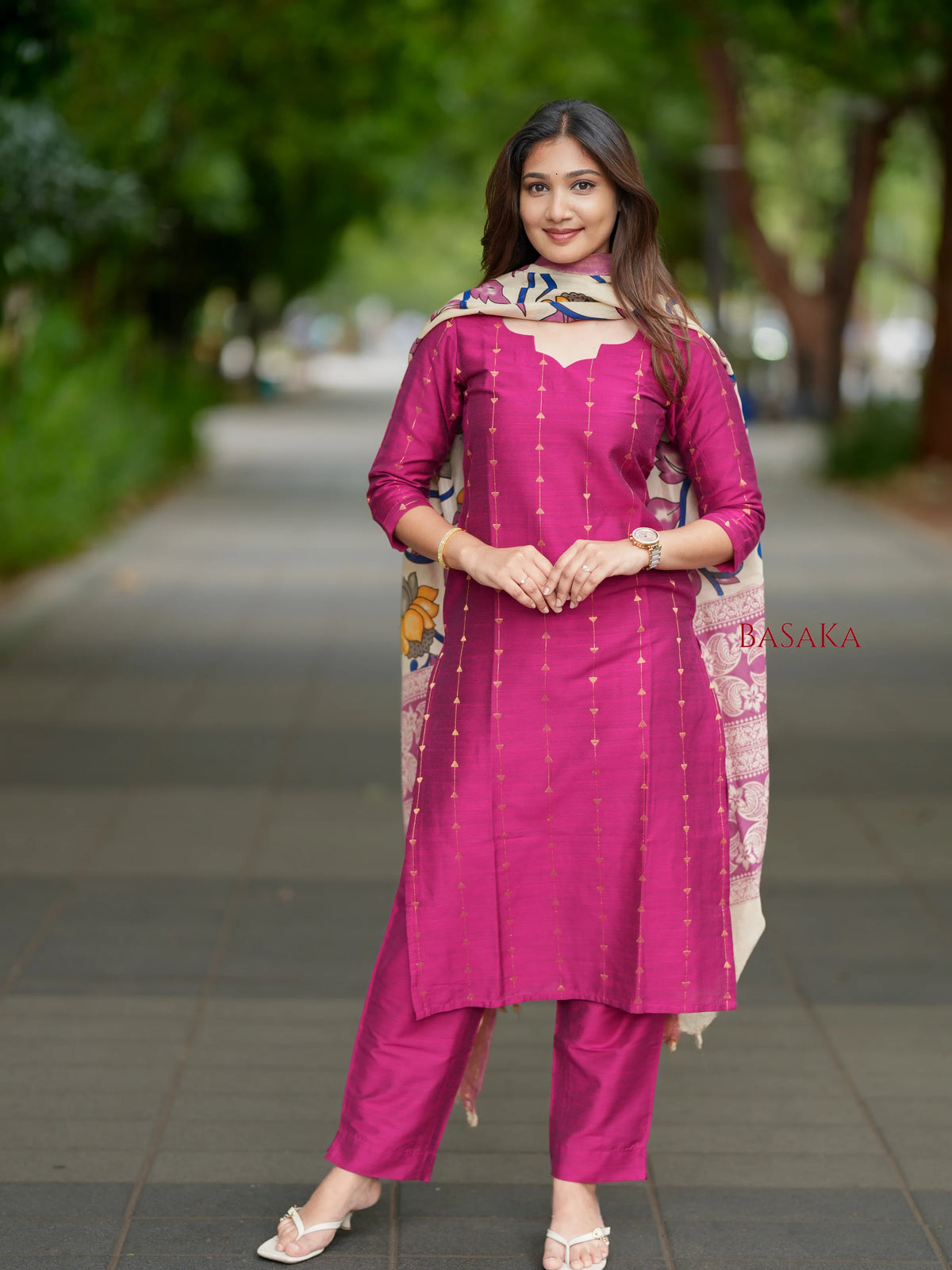 French Rose Soft Raw Silk Suit Set (3 Pcs.) with lining