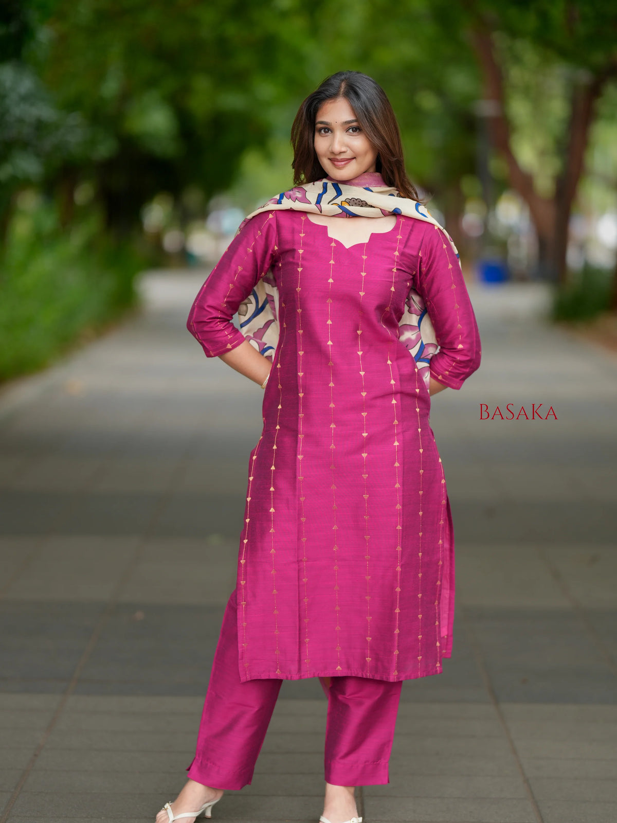 French Rose Soft Raw Silk Suit Set (3 Pcs.) with lining