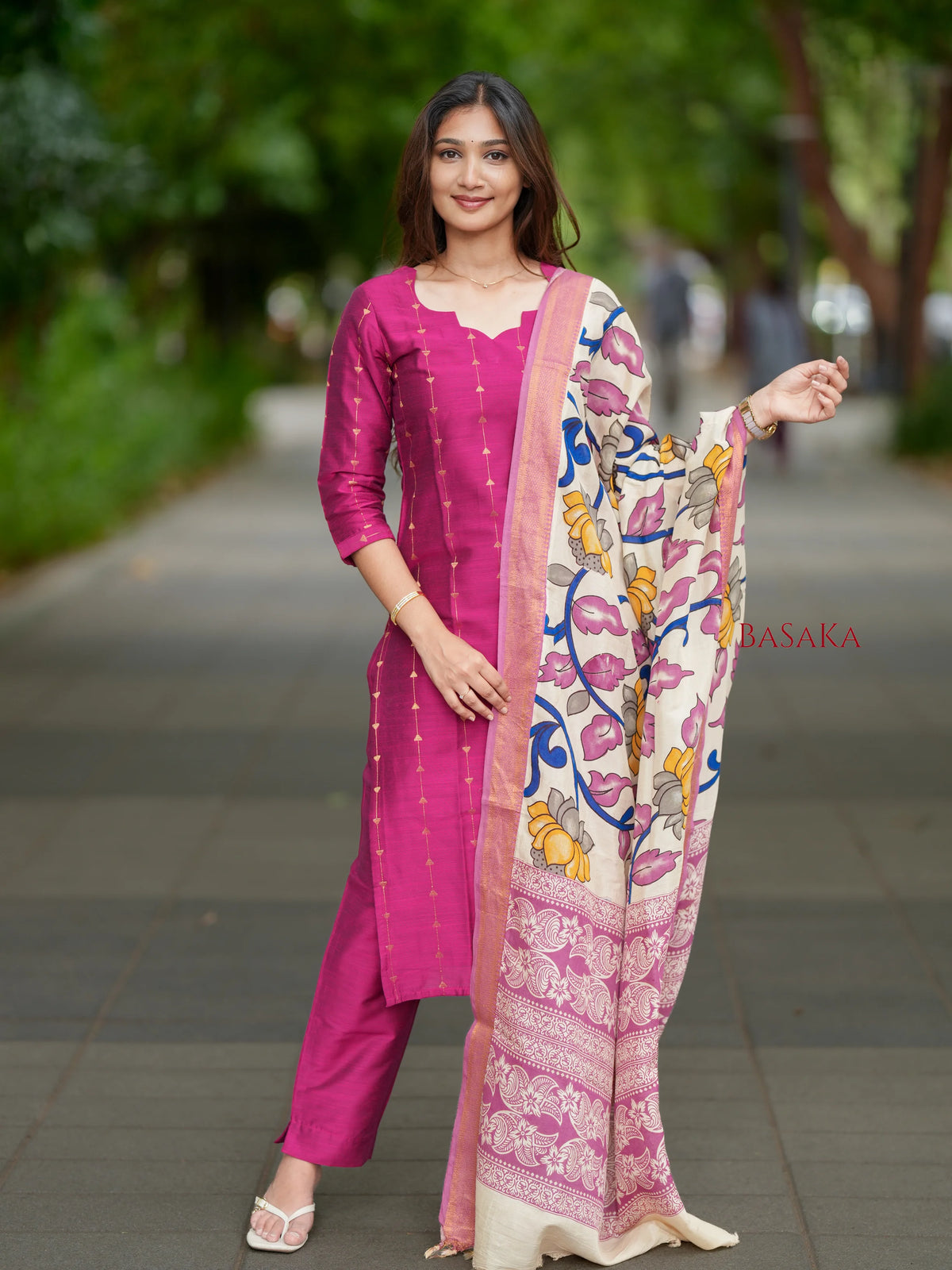 French Rose Soft Raw Silk Suit Set (3 Pcs.) with lining