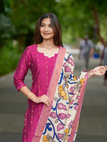 French Rose Soft Raw Silk Suit Set (3 Pcs.) with lining