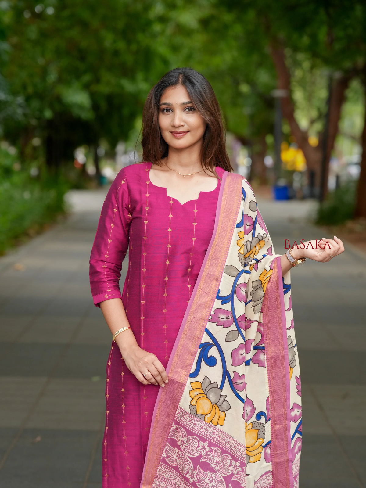 French Rose Soft Raw Silk Suit Set (3 Pcs.) with lining