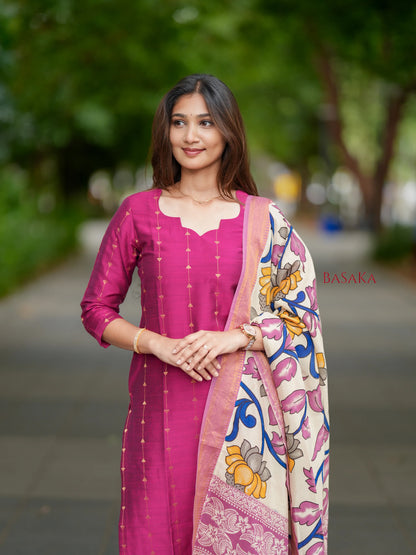 French Rose Soft Raw Silk Suit Set (3 Pcs.) with lining