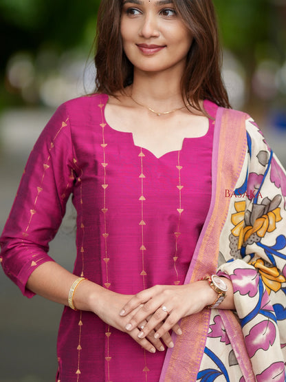 French Rose Soft Raw Silk Suit Set (3 Pcs.) with lining