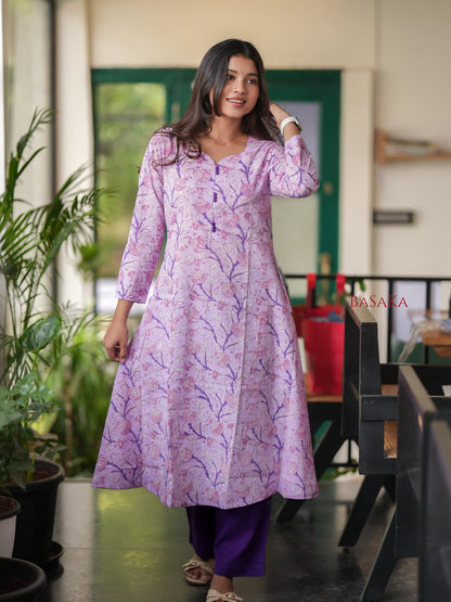 Lavender Floral Block Printed  A-line COTTON Kurta