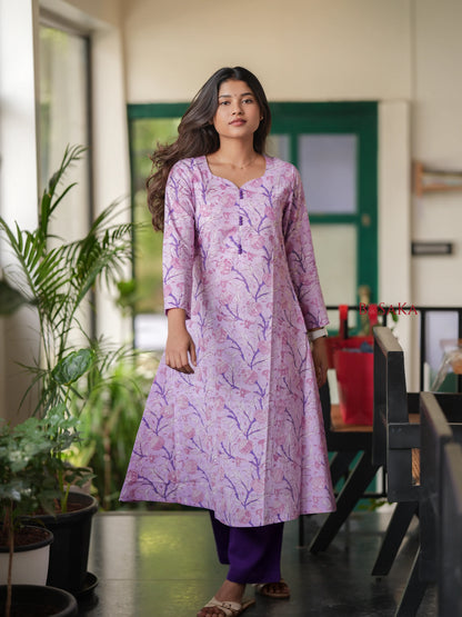 Lavender Floral Block Printed  A-line COTTON Kurta