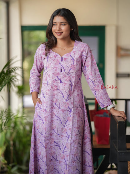 Lavender Floral Block Printed  A-line COTTON Kurta