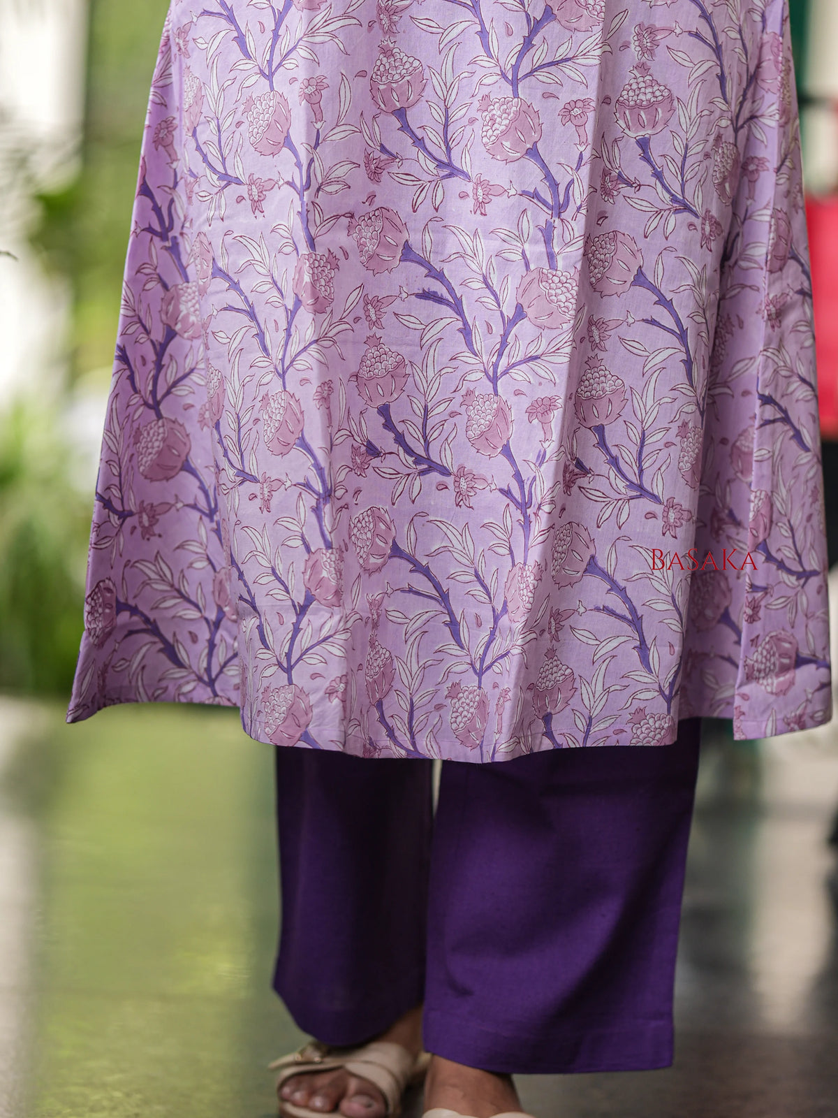Lavender Floral Block Printed  A-line COTTON Kurta