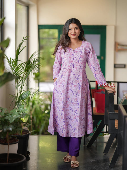 Lavender Floral Block Printed  A-line COTTON Kurta