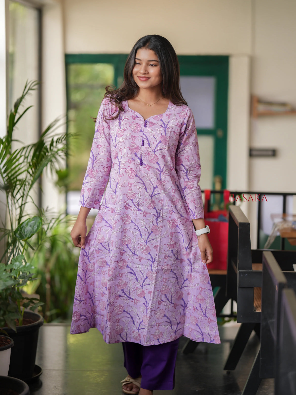 Lavender Floral Block Printed  A-line COTTON Kurta