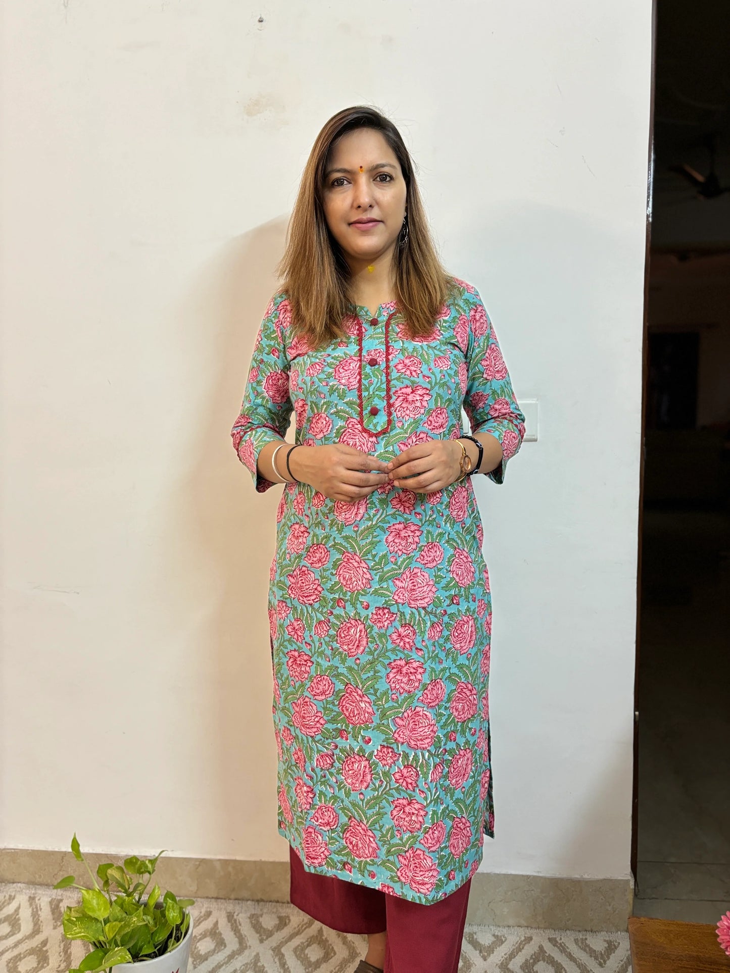 Garden Rose Block Printed Cotton Straight Kurta