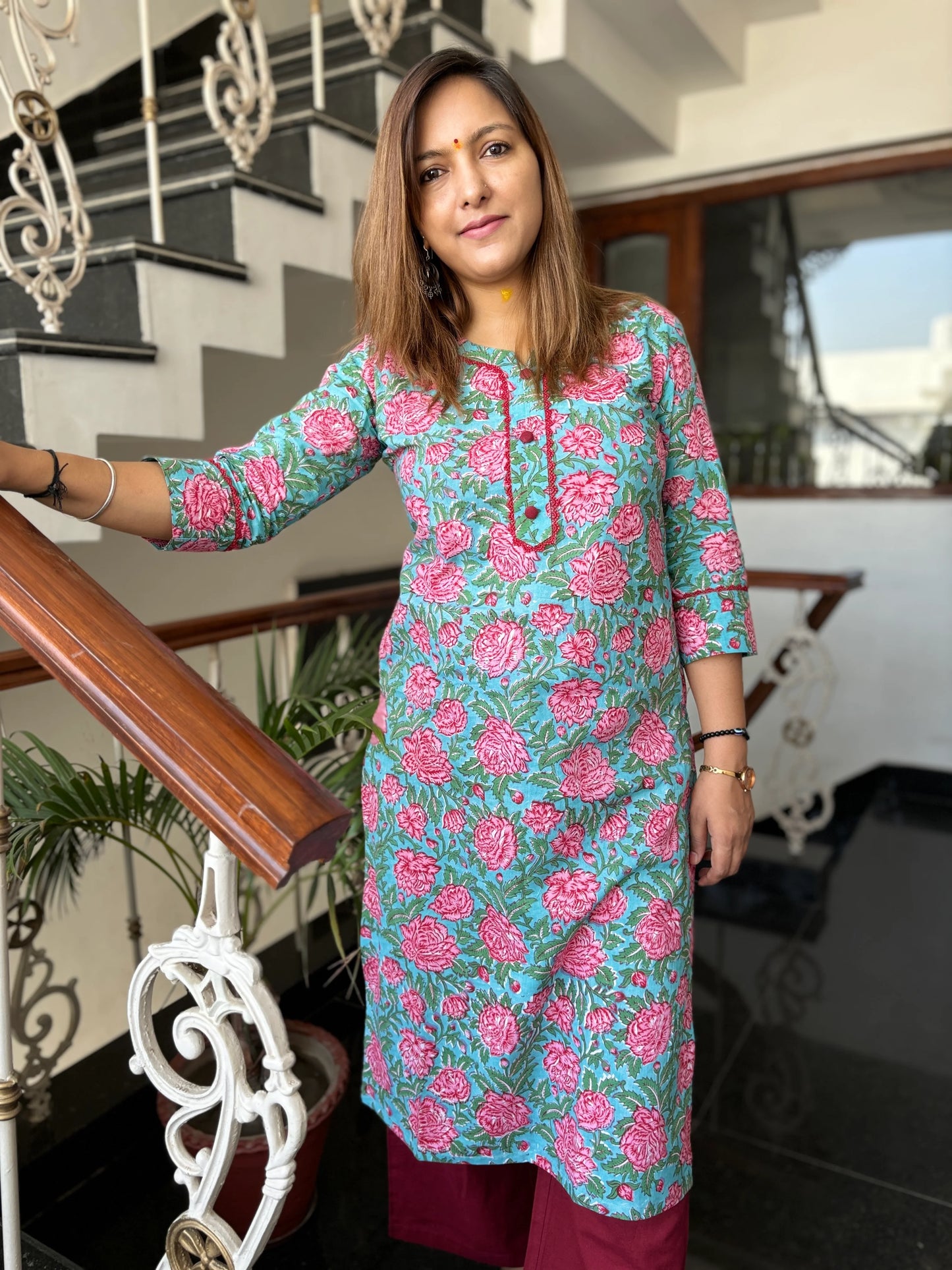 Garden Rose Block Printed Cotton Straight Kurta