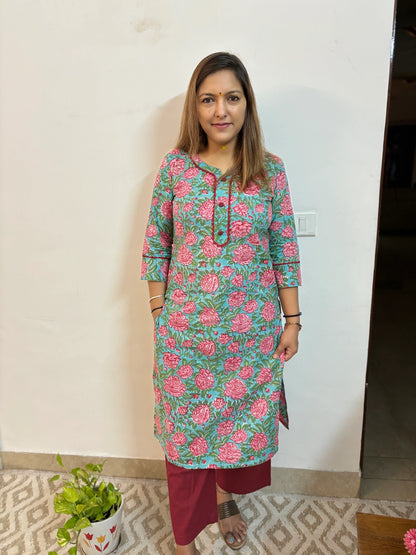 Garden Rose Block Printed Cotton Straight Kurta