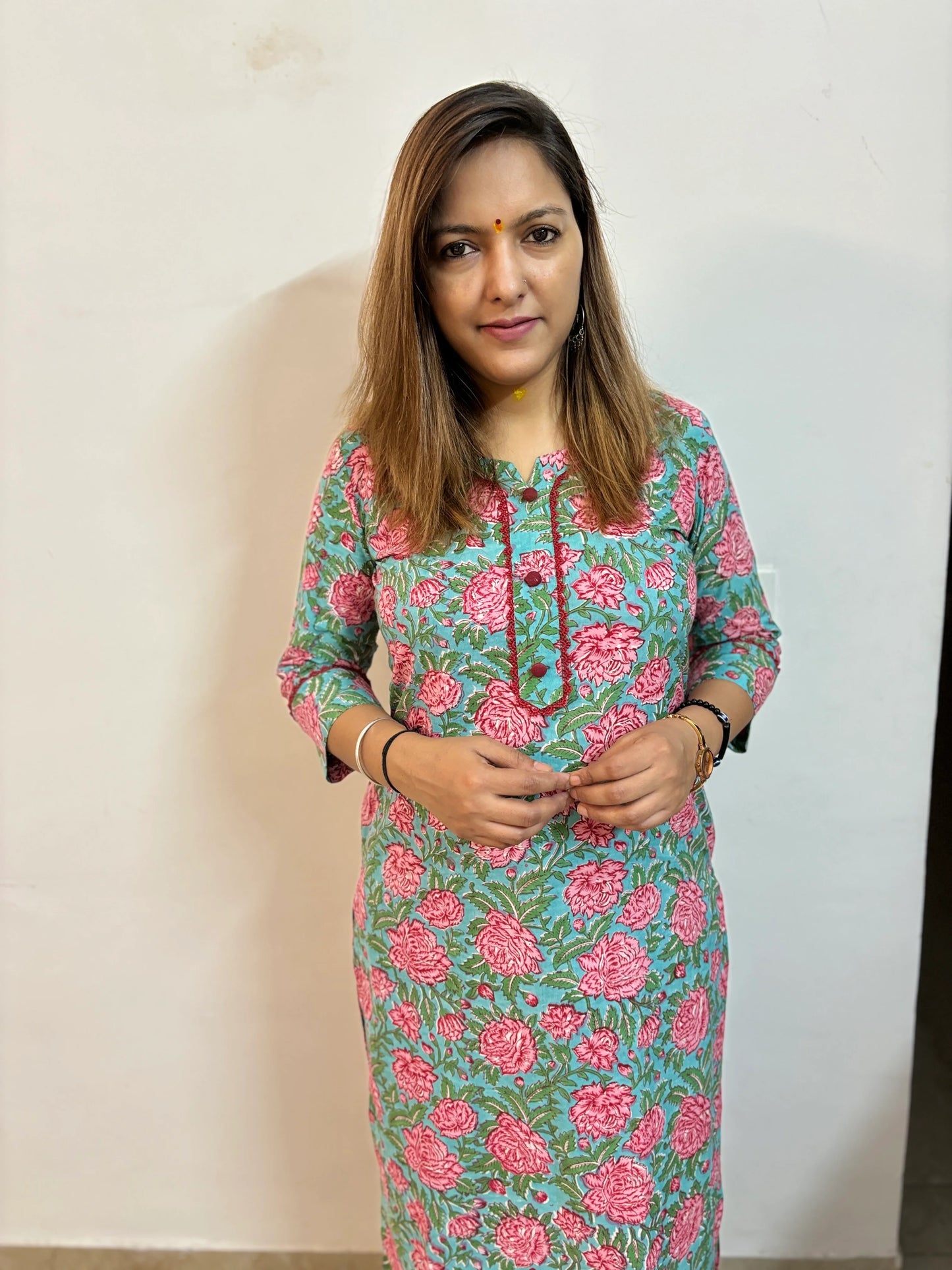 Garden Rose Block Printed Cotton Straight Kurta