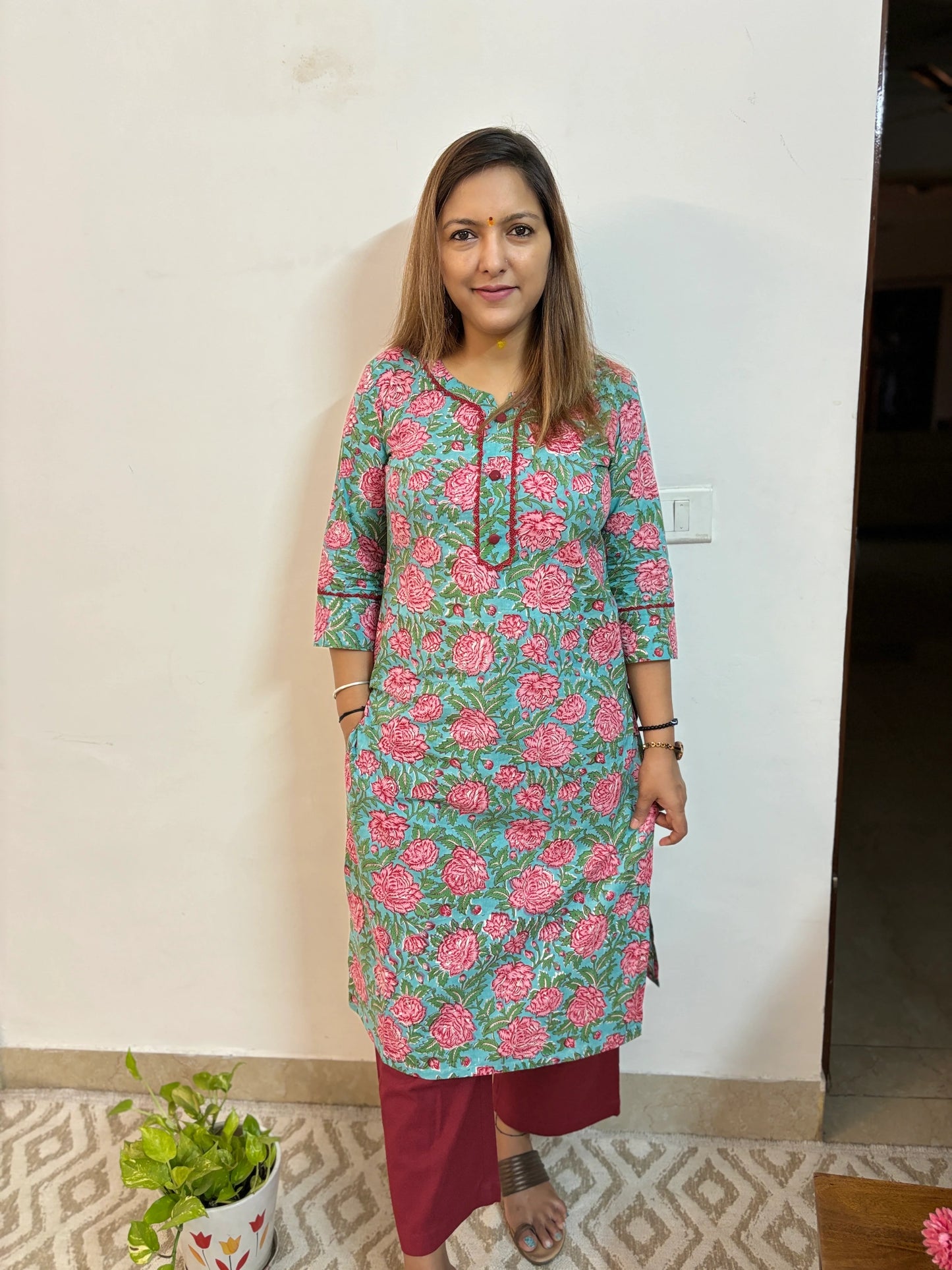 Garden Rose Block Printed Cotton Straight Kurta