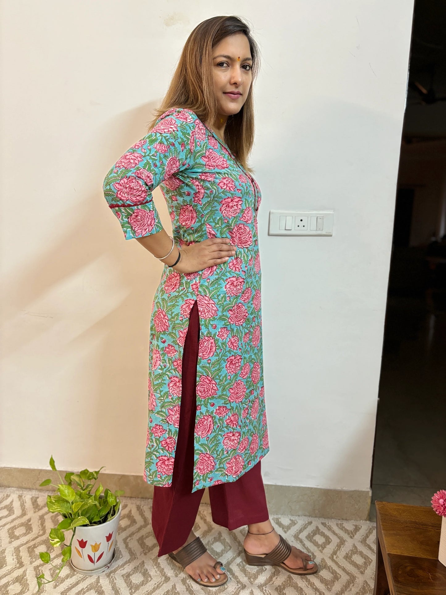 Garden Rose Block Printed Cotton Straight Kurta