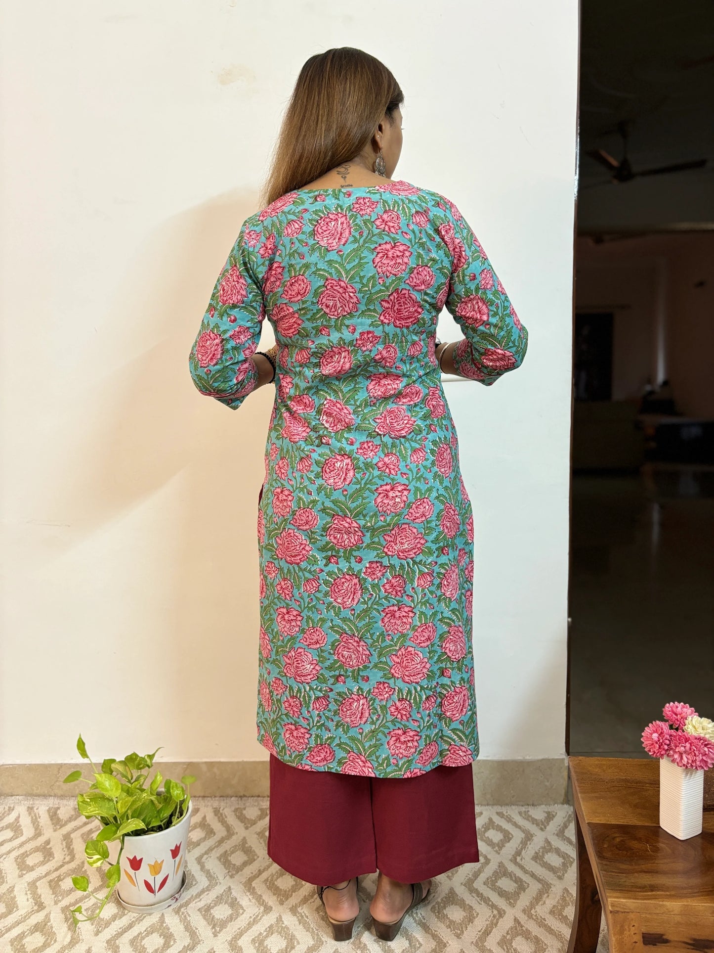 Garden Rose Block Printed Cotton Straight Kurta