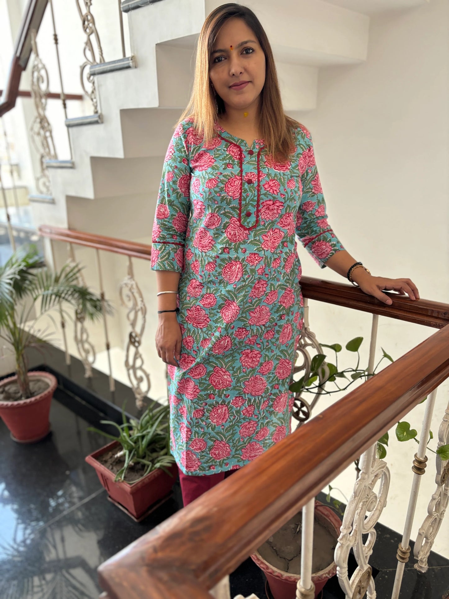 Garden Rose Block Printed Cotton Straight Kurta