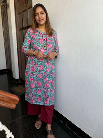 Garden Rose Block Printed Cotton Straight Kurta